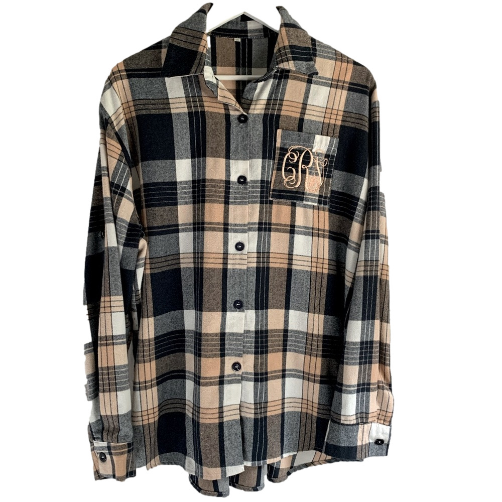 Monogram Plaid Flannel Button Up Shirt XXL Navy Tan Cream Embroidered Initials C